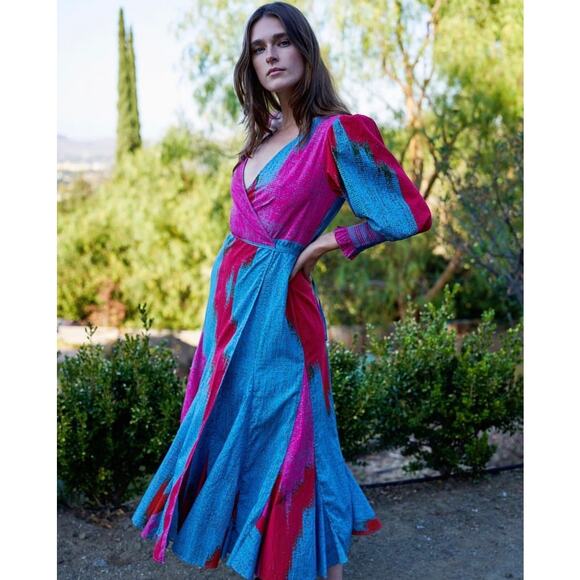 Rhode Fifi 100% Cotton Long Balloon Sleeve V-Neck Wrap Maxi Dress Ikat Medium - Picture 1 of 6